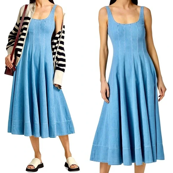 🌺🎉HP🎉🌺 NWT Staud Wells Midi Dress Light Wash Denim - Picture 5 of 16